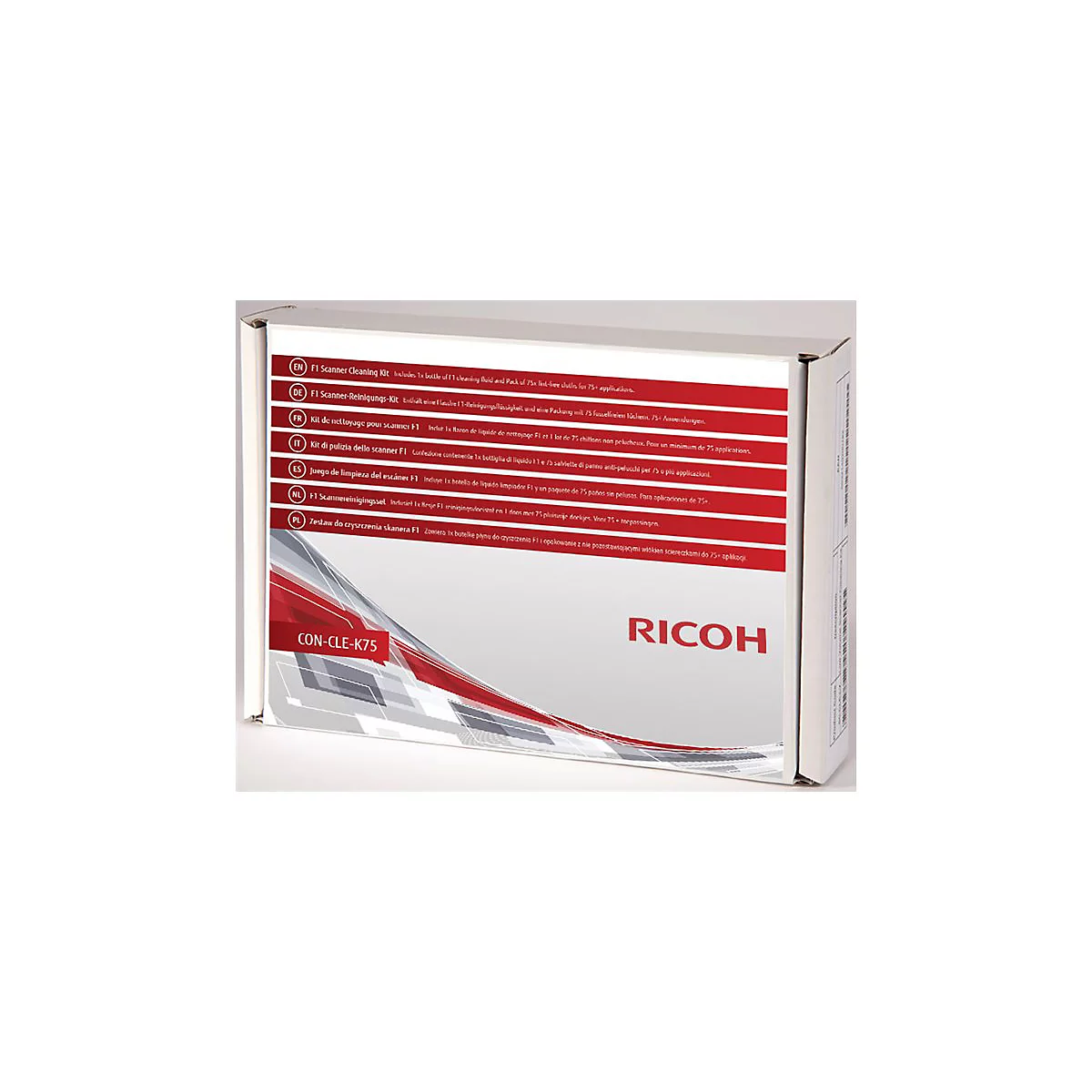 Produktverpackung mit der Aufschrift „RICOH“ und mehrsprachigen Informationen zum Scanner-Reinigungskit.