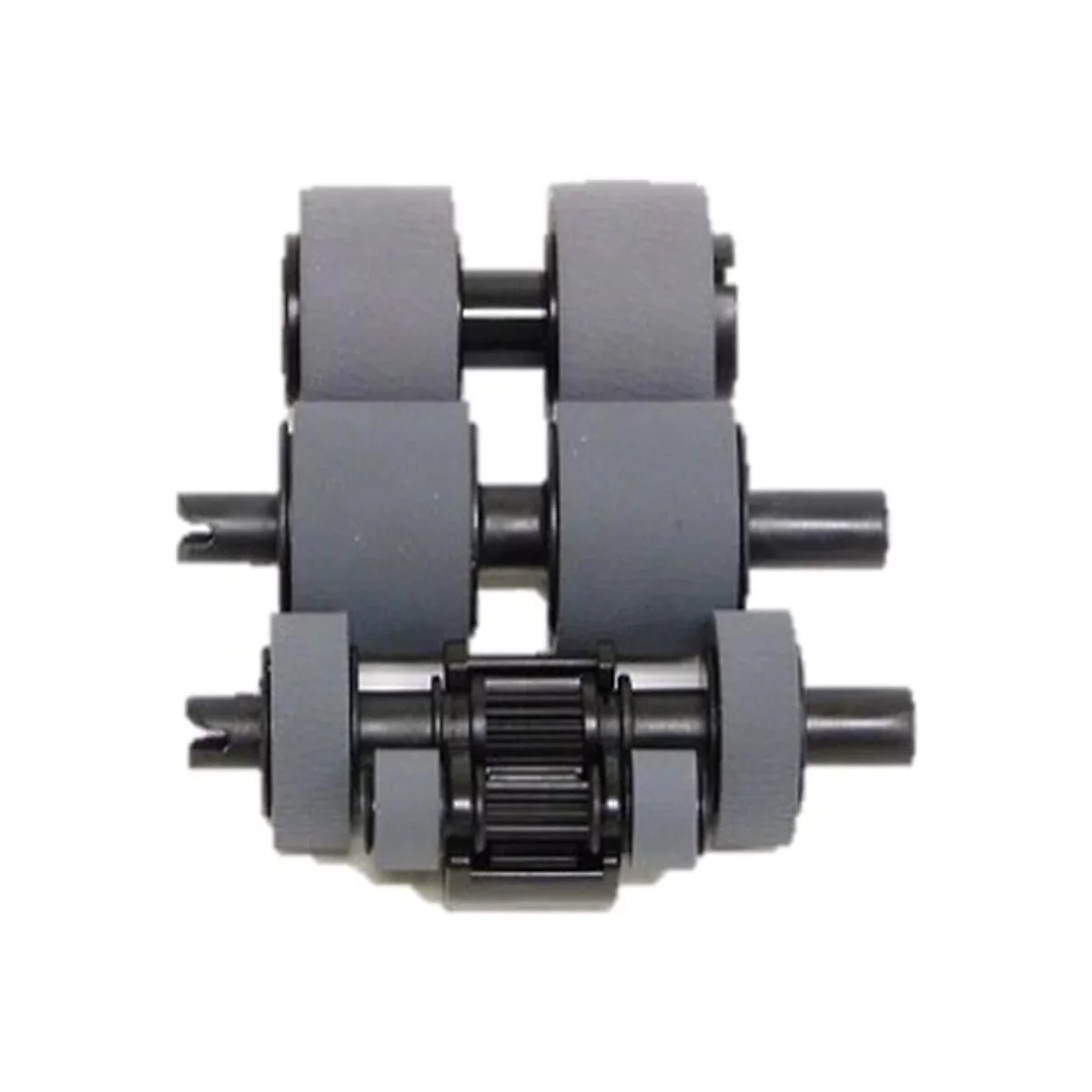 Mehrere graue und schwarze Druckerwalzen vor weißem Hintergrund. Drei Walzenpaare mit Zahnrädern.