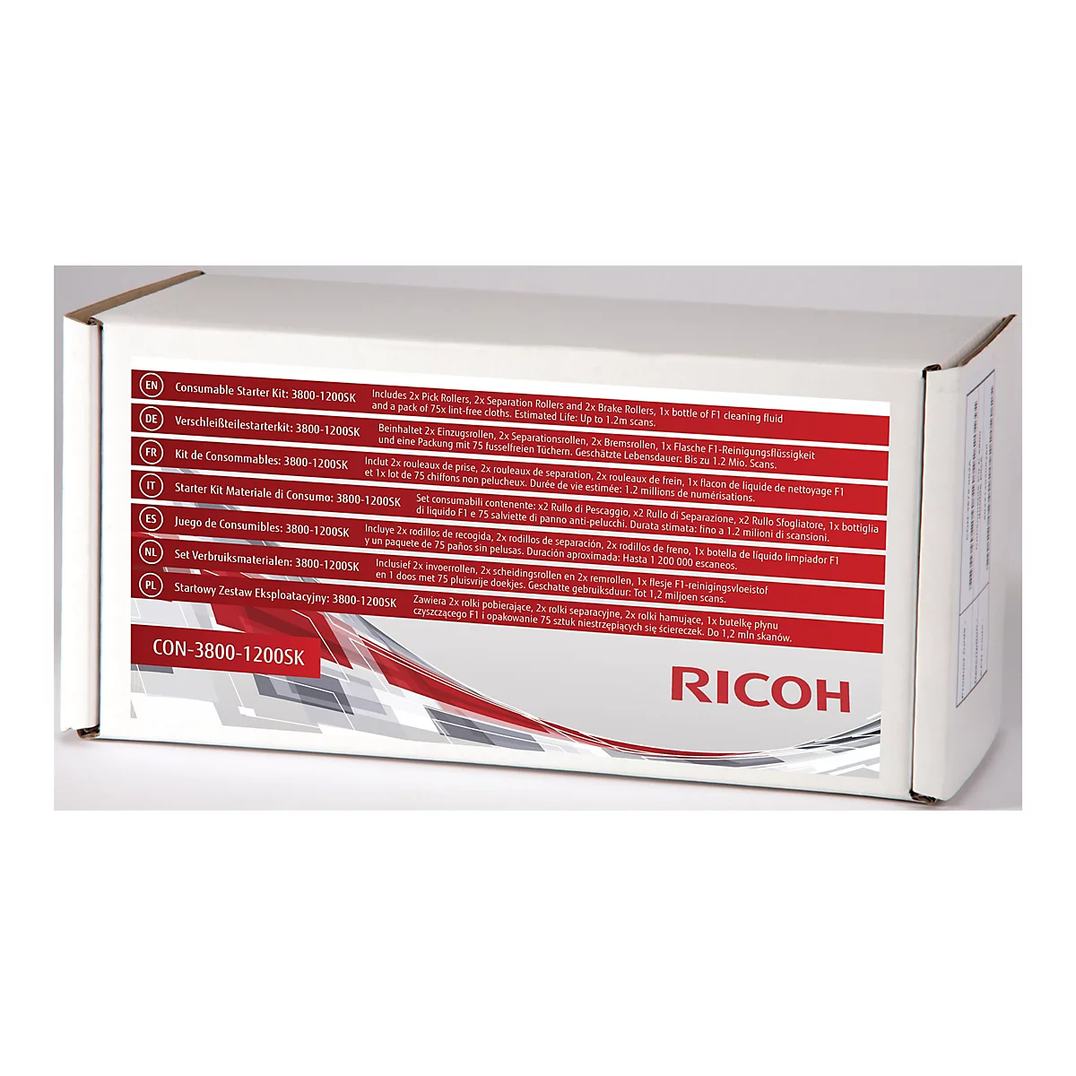 Ein rechteckiger weißer Karton mit rotem Etikett und Text in mehreren Sprachen. Auf dem Karton steht das Logo von RICOH.