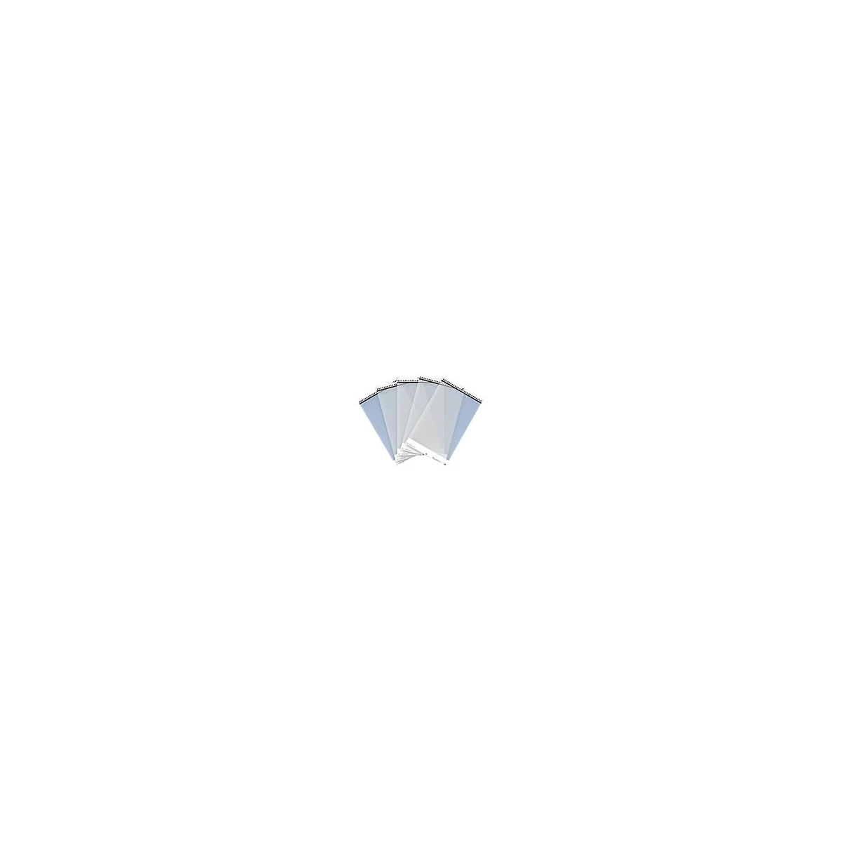 Plusieurs pochettes de documents transparentes, légèrement déployées, avec des bordures bleues et noires, sur fond blanc.