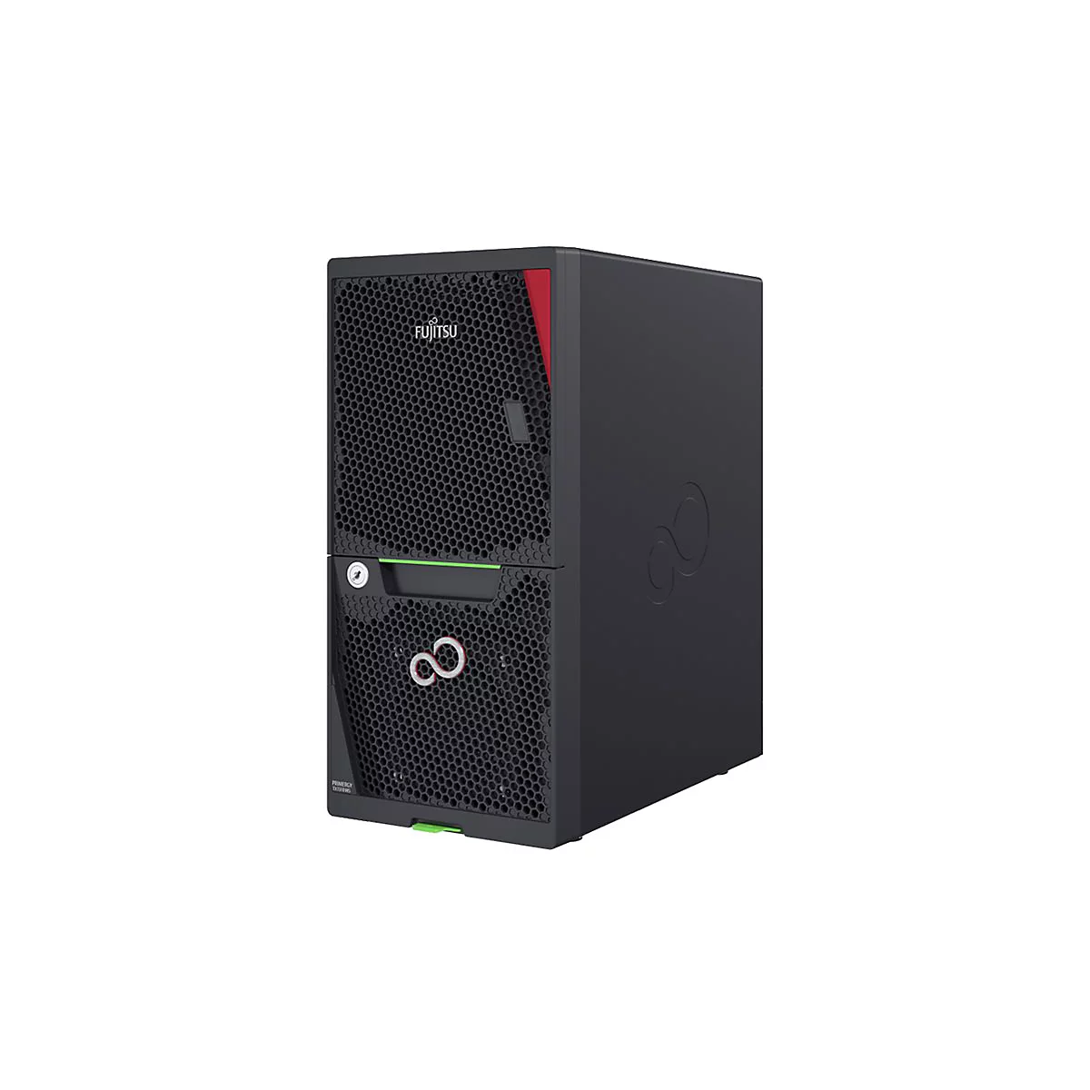 Serveur Fujitsu noir avec accent rouge. Logo : symbole de l'infini et FUJITSU.