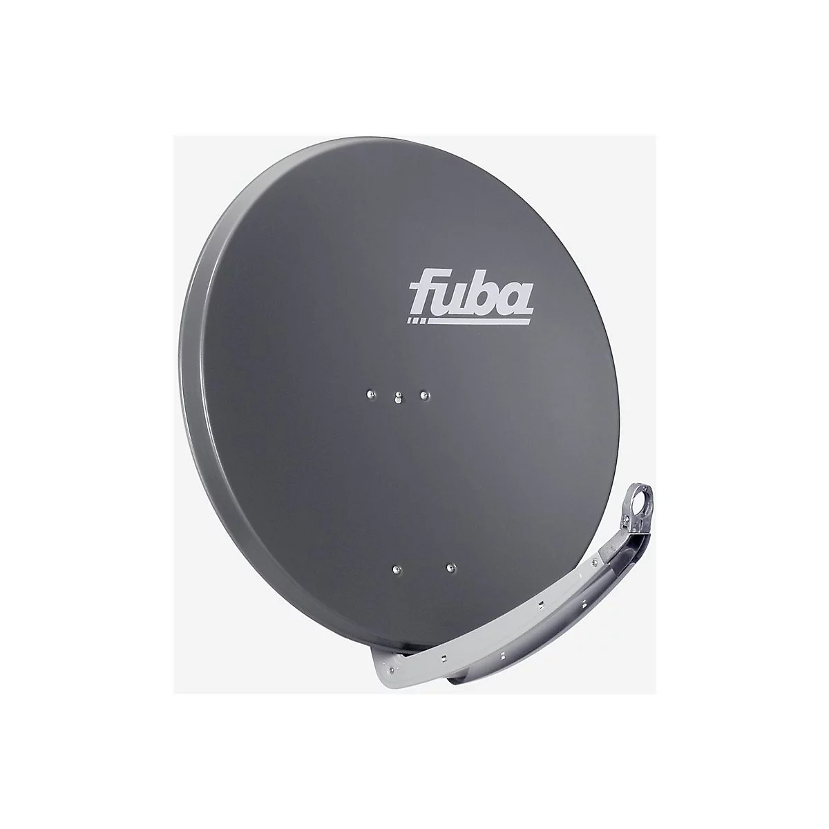 Graue Fuba Satellitenschüssel mit hellem Logo auf neutralem Hintergrund.