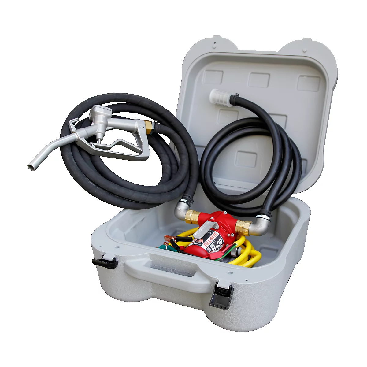 Grey box containing a diesel pump and a fueling hose. Two hose connections are located in the lid.