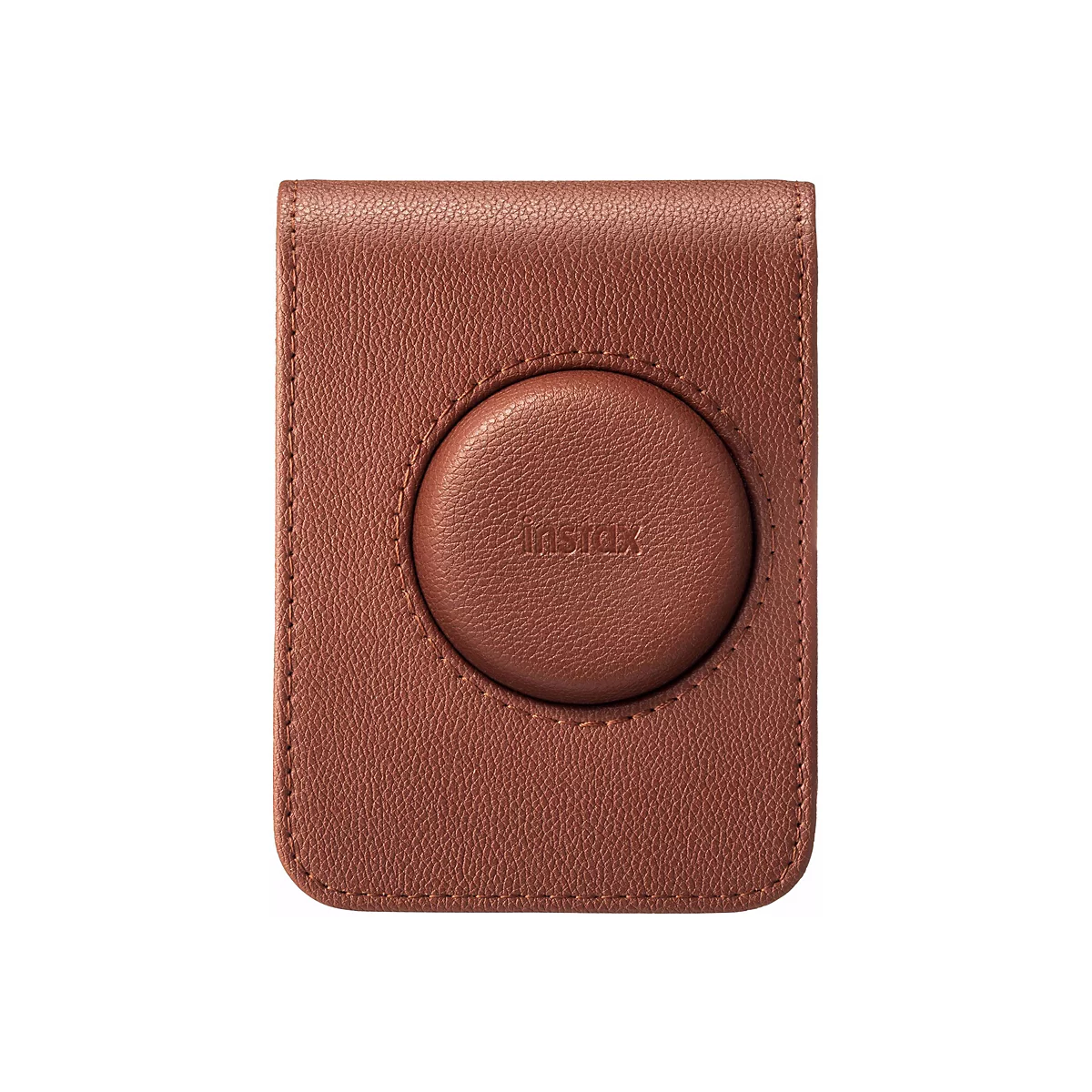 Étui d'appareil photo en cuir marron avec gaufrage et lettrage 'instax'. Renfoncement rond avec lettrage.