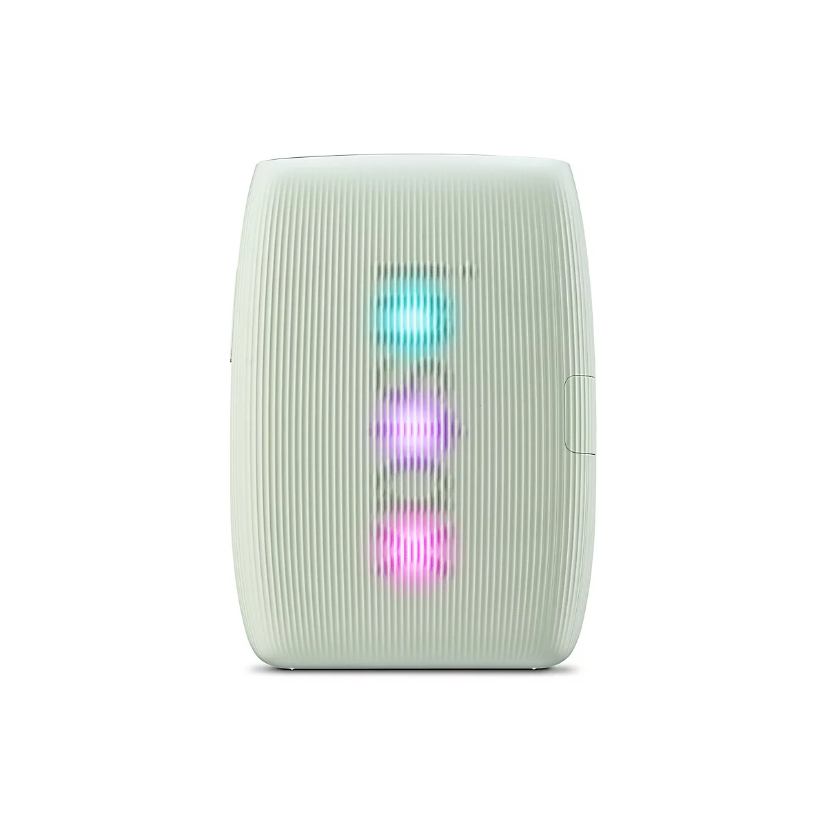 Ein hellgrünes, längliches Gerät mit geriffelter Oberfläche und drei leuchtenden Kreisen: blau, pink und pink.