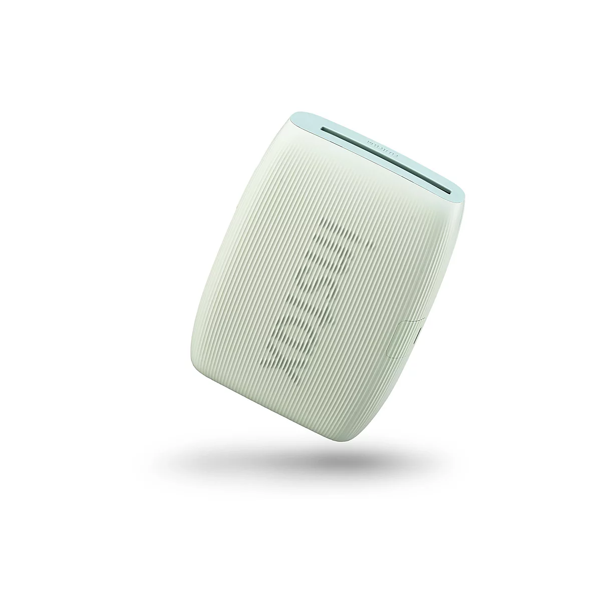 Hellgrüner Sofortbilddrucker auf weißem Hintergrund. Oberteil hellblau, Schriftzug Fujifilm.