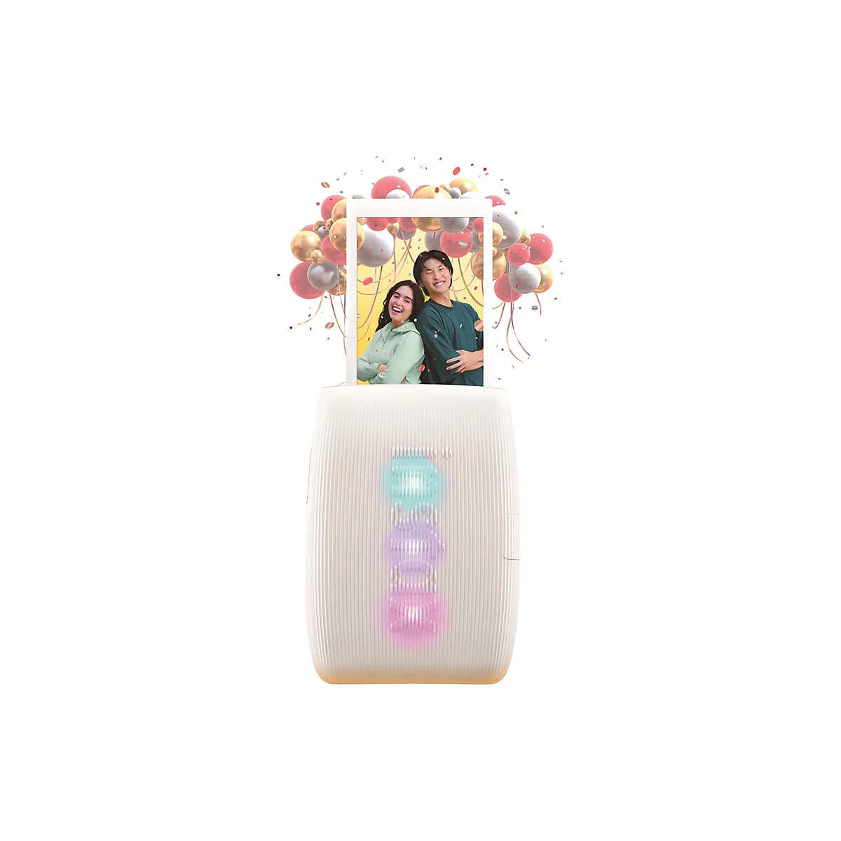 Eine Fotodrucker mit Foto eines lächelnden Paares. Der Drucker ist cremefarben, mit drei farbigen Lichtern.