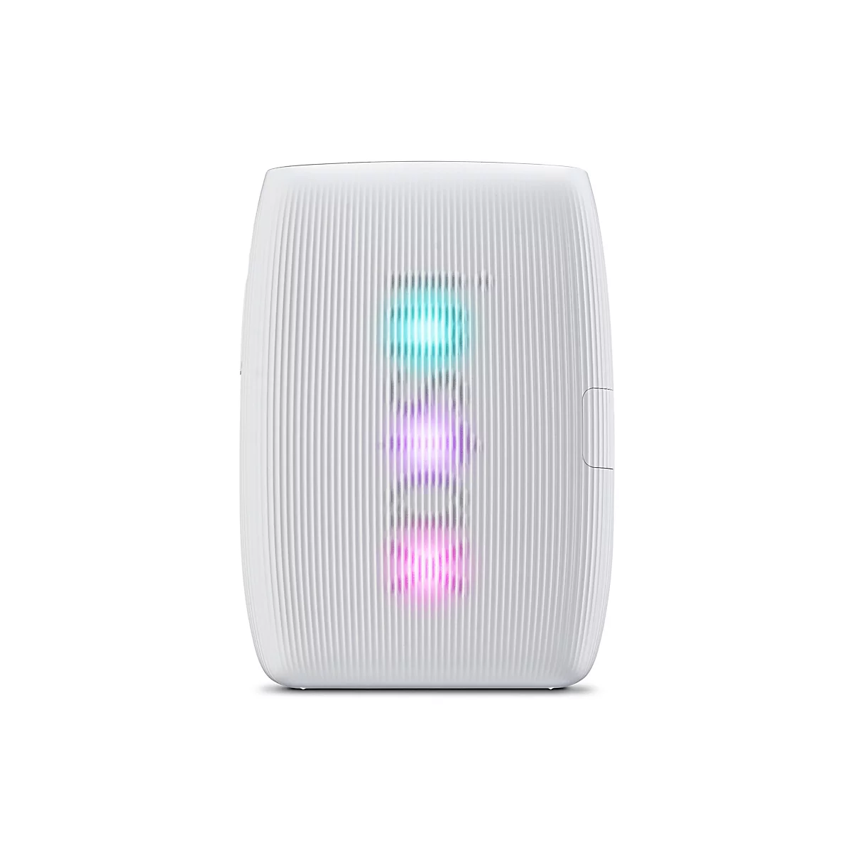 Appareil blanc et nervuré avec trois lumières colorées. Bleu en haut, violet au milieu, rose en bas.