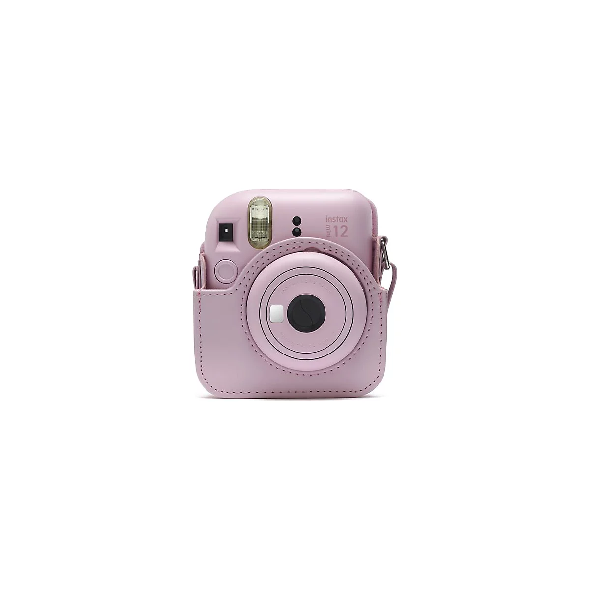 Hellrosa Instax Mini 12 Kamera mit passender Ledertasche, auf weißem Hintergrund.
