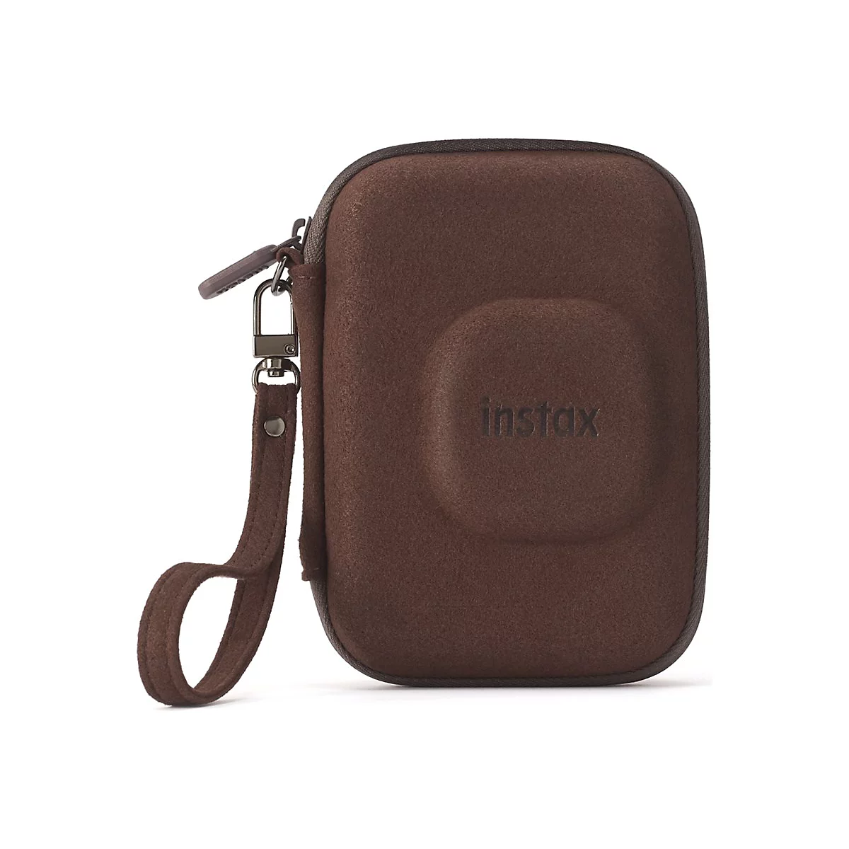 Étui d'appareil photo marron avec logo Instax en relief et dragonne. Fermeture éclair et mousqueton argenté.