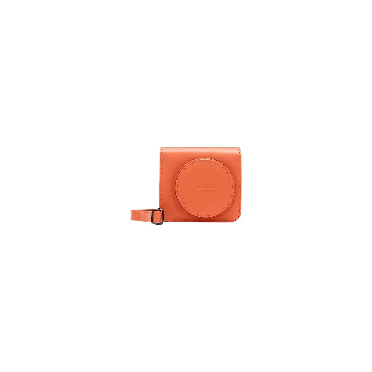 Orange Kameratasche für Instax Square Kamera, mit Trageriemen. Auf der Vorderseite steht: Instax Square.