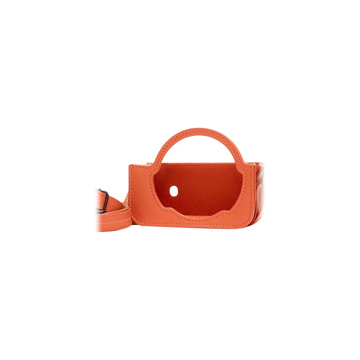 Orangefarbene Handtasche mit Trageriemen und Griff. Die Tasche hat eine runde Öffnung und helle Nähte.
