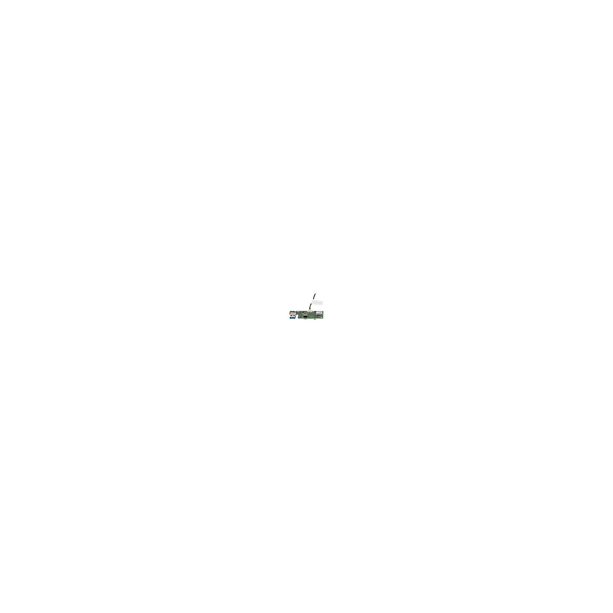 Eine grÃ¼ne Platine mit USB-Anschluss und Kabeln. Text-Etikett.