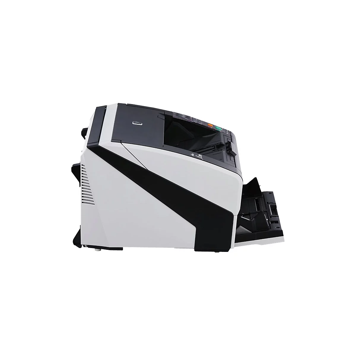 Une grande imprimante blanche et noire avec une alimentation papier ouverte sur fond blanc. Lumières en haut.