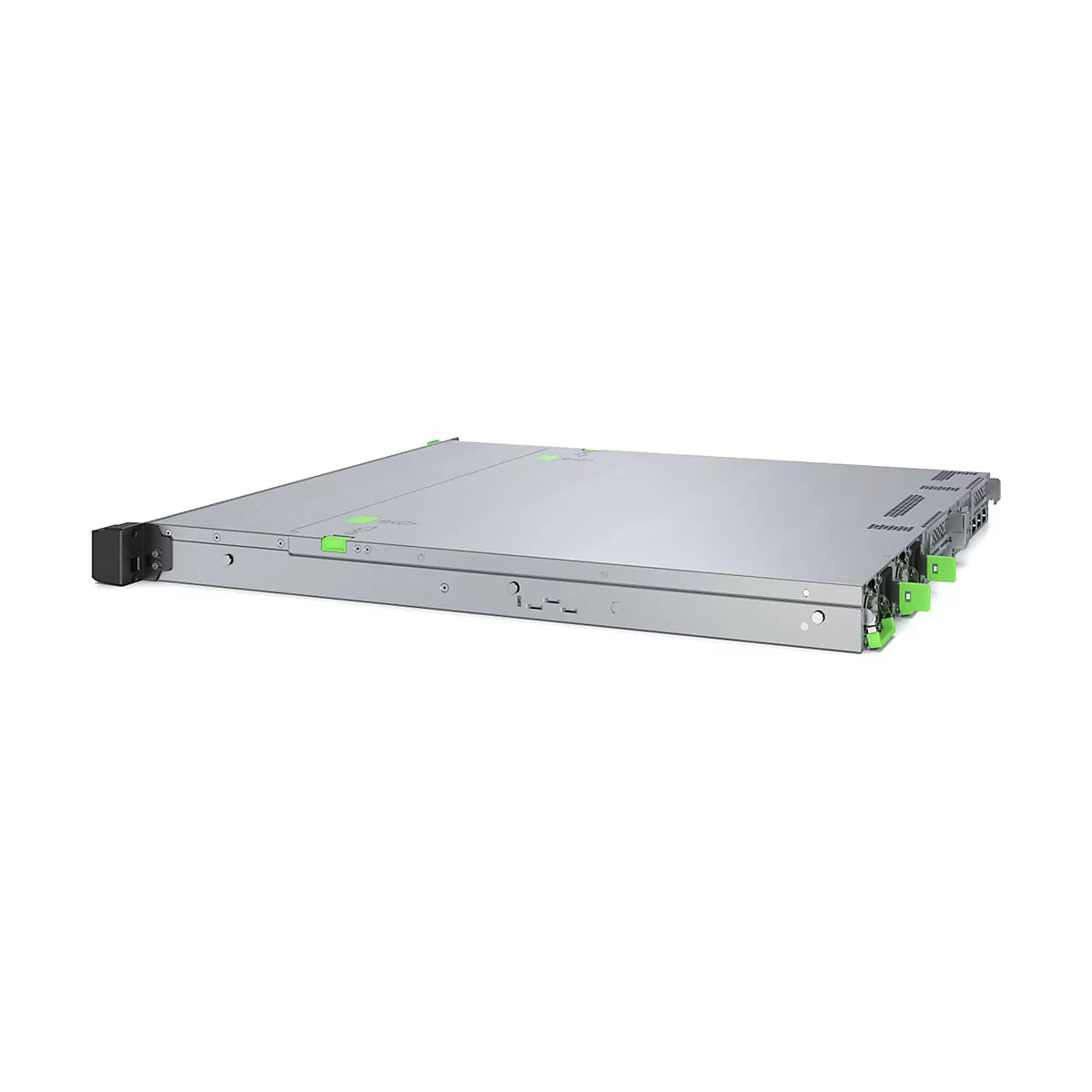 Ein graues Server-Rack mit grünen Akzenten liegt auf weißem Hintergrund. Es ist flach und rechteckig, mit Details wie Lüftungsschlitzen und Anschlüssen.