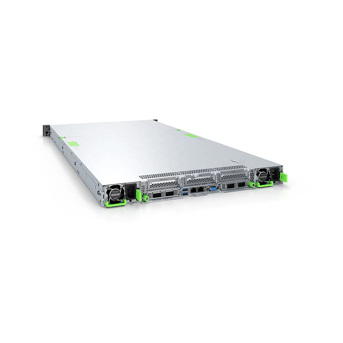 Ein grauer Server, leicht von oben gesehen, mit grünen Akzenten an den Lüftern und Steckplätzen, vor weißem Hintergrund.