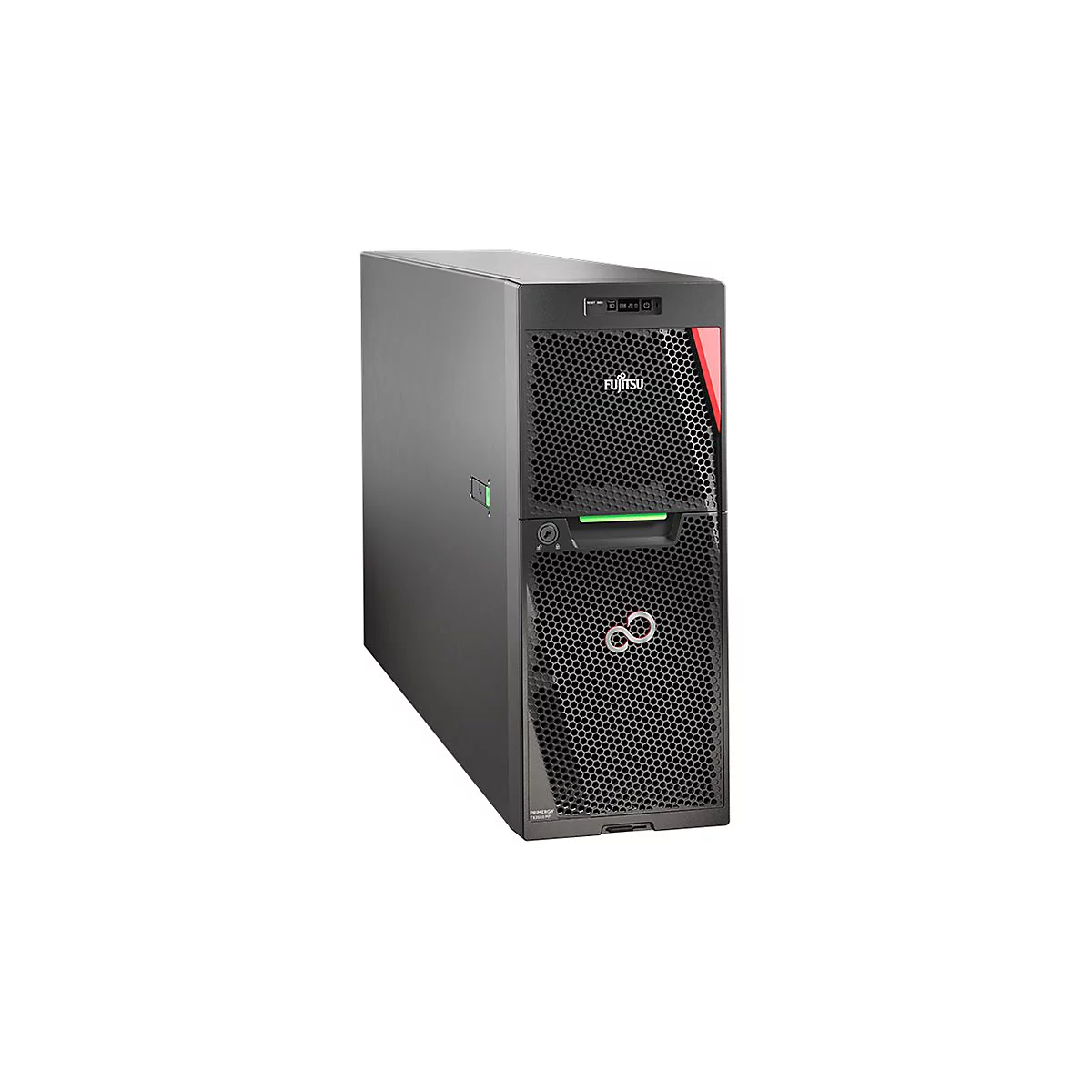 Schwarzer Fujitsu-Server vor weißem Hintergrund. Der Server hat ein wabenförmiges Gitter und das Fujitsu-Logo.