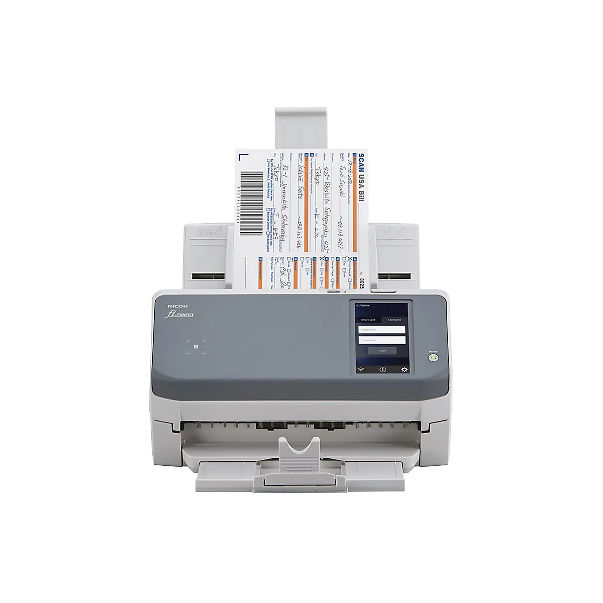 Un scanner de documents gris avec des formulaires insérés. Une zone de connexion est visible sur l'écran tactile.