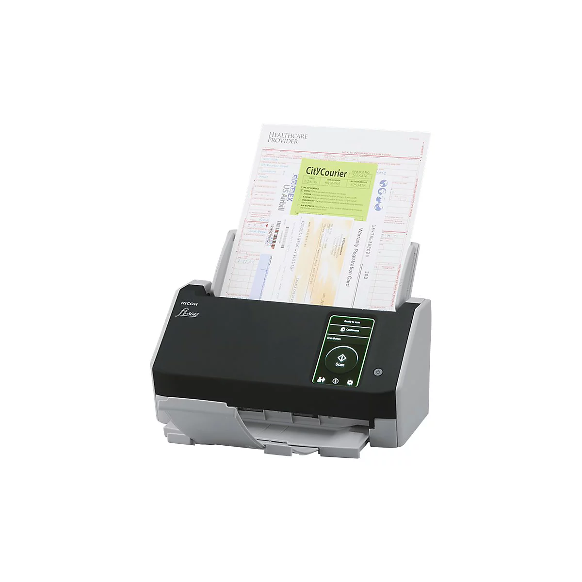 Ein grauer Scanner mit Papier. Auf dem Display: Scan-Taste, Dokumente werden gescannt.