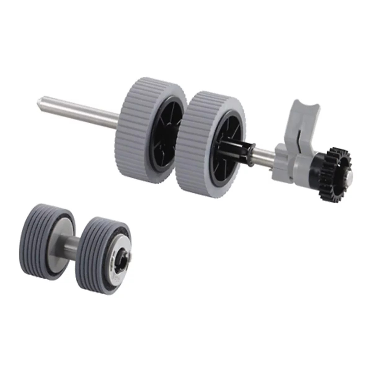 Detailaufnahme von Drucker Ersatzteilen: Walzen, Zahnräder und Stifte in Grau und Schwarz, freigestellt.