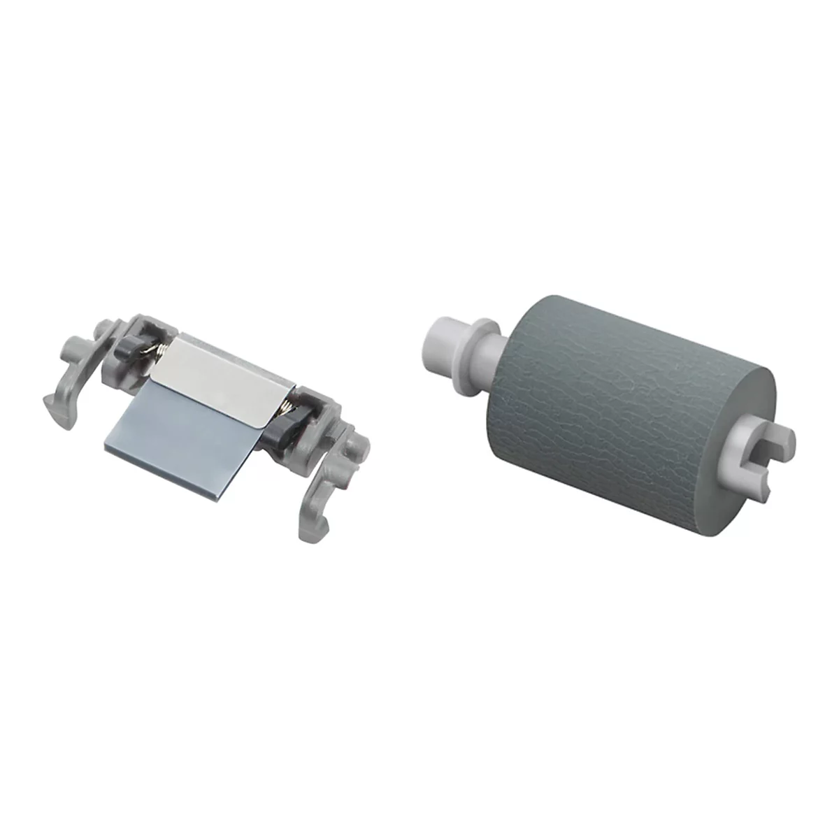 Zwei Druckerkomponenten auf weißem Hintergrund. Links ein graues Teil mit Metallplatte. Rechts eine graue Walze mit weißer Halterung.