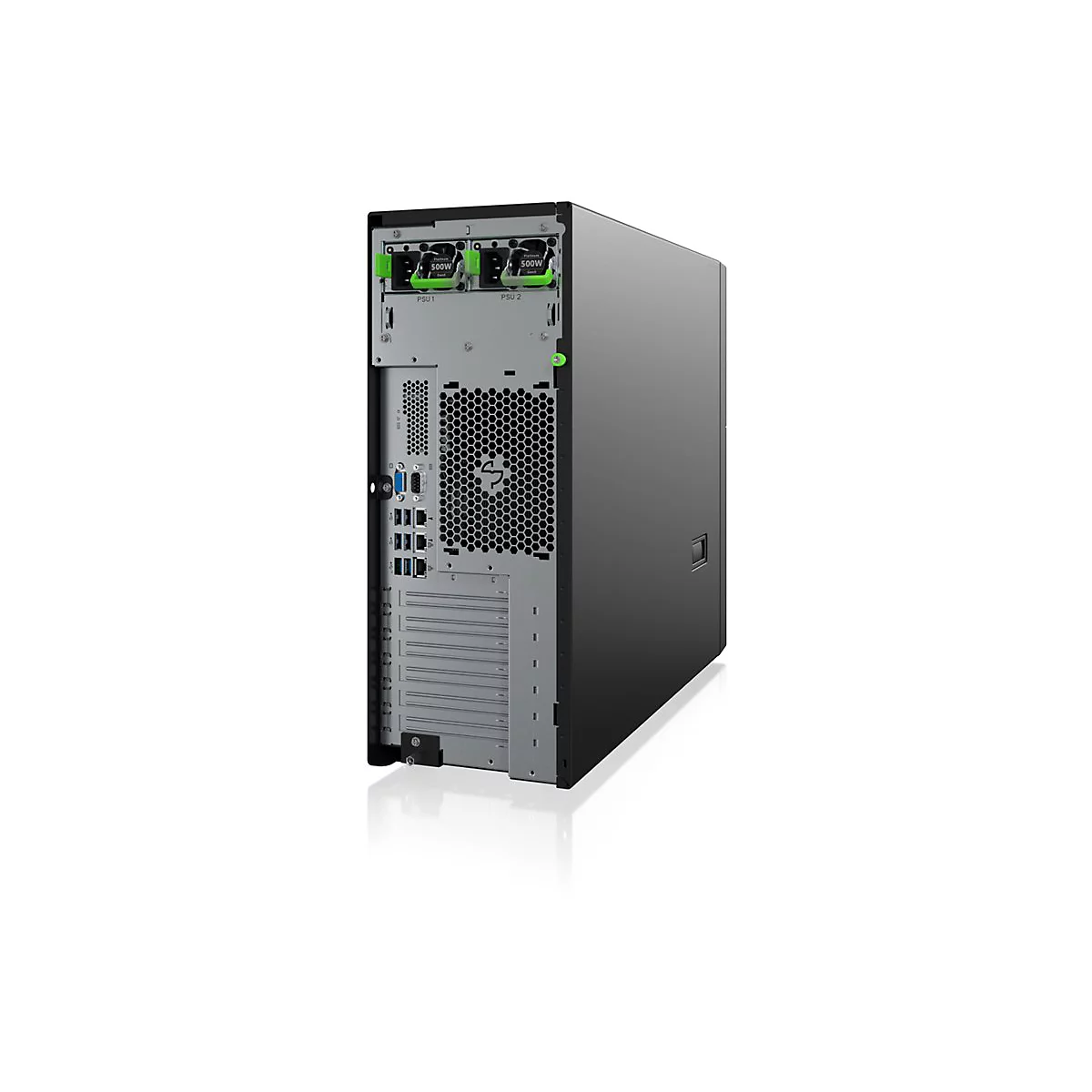 Tour serveur noire, vue arrière, composants PSU verts. PSU 1 et 2 étiquetés, grille de ventilateur et ports.