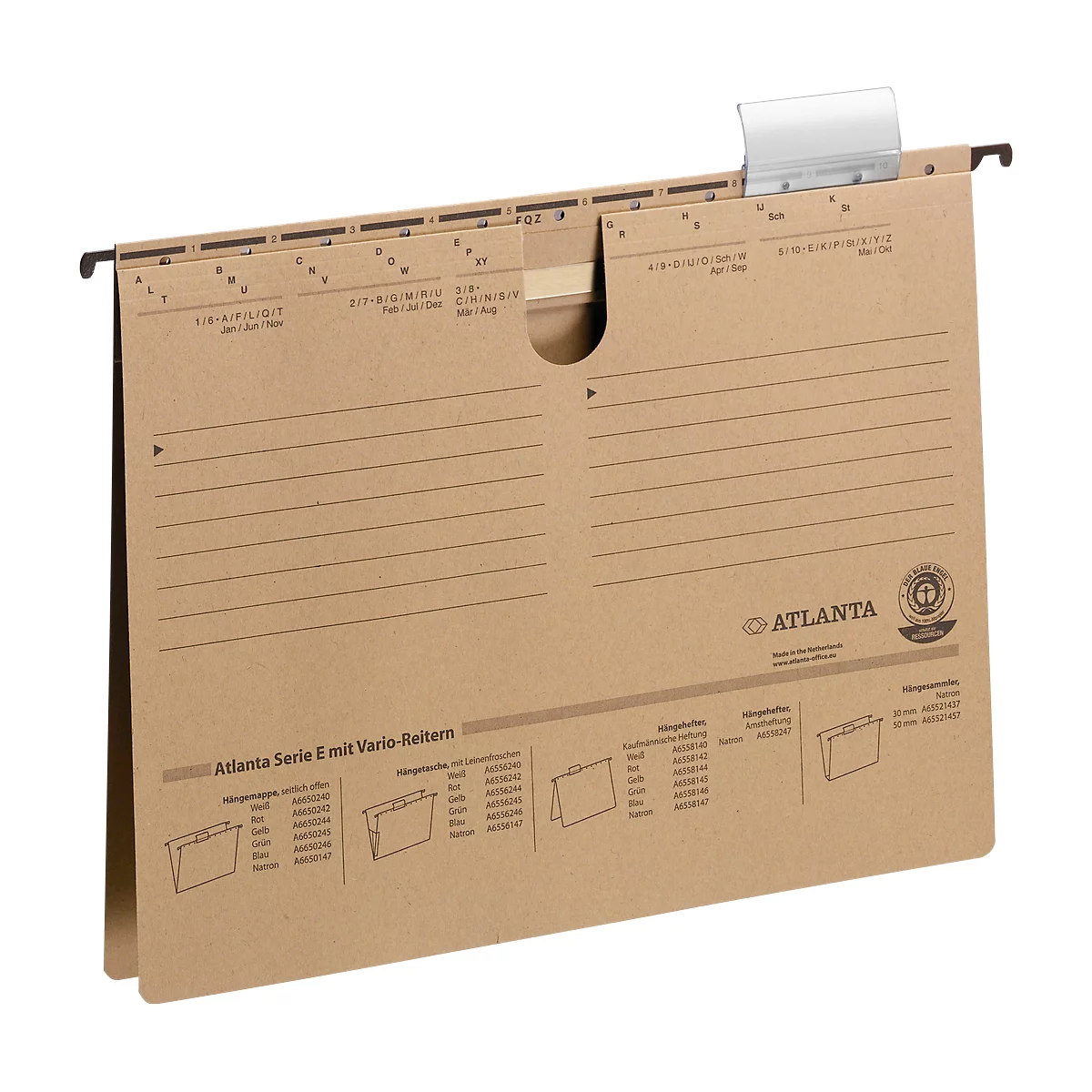 Brown cardboard hanging file with labels and metal hooks.