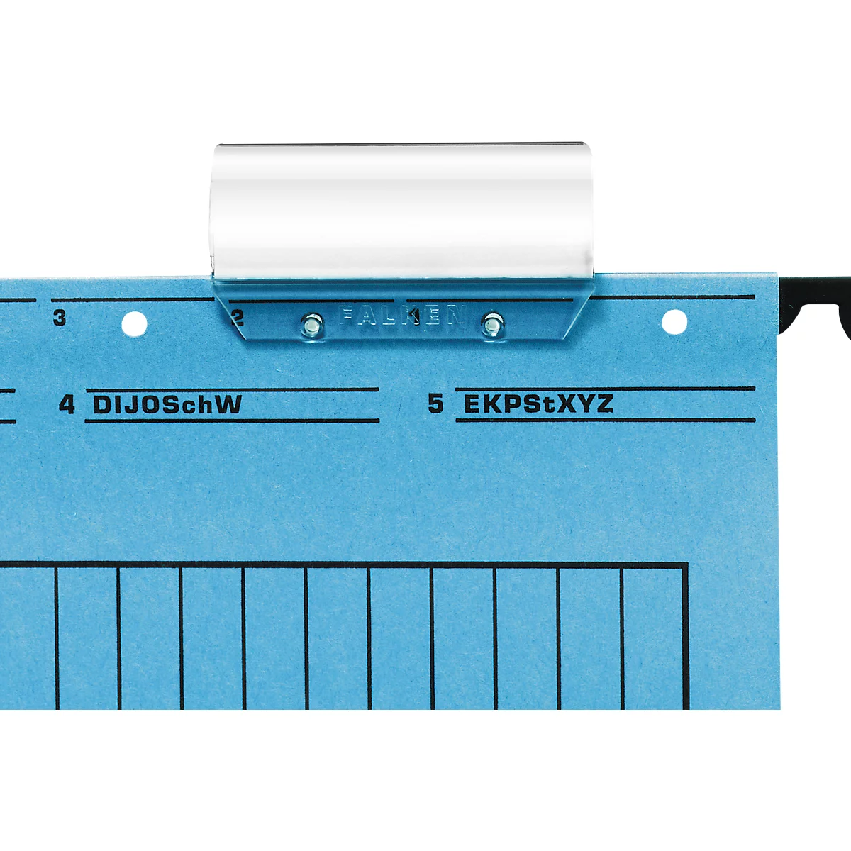 Close-up of a blue hanging file with white clip, black lines and text below.