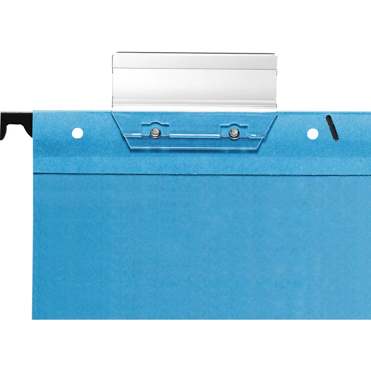 Blue file folder with metallic elements and holes. Hanging device.