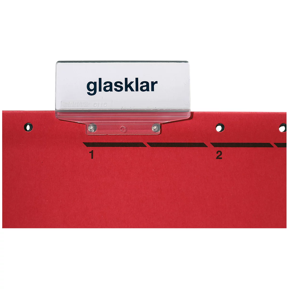Red index card labeled "glasklar". Numbers 1 and 2 are displayed on the index card.