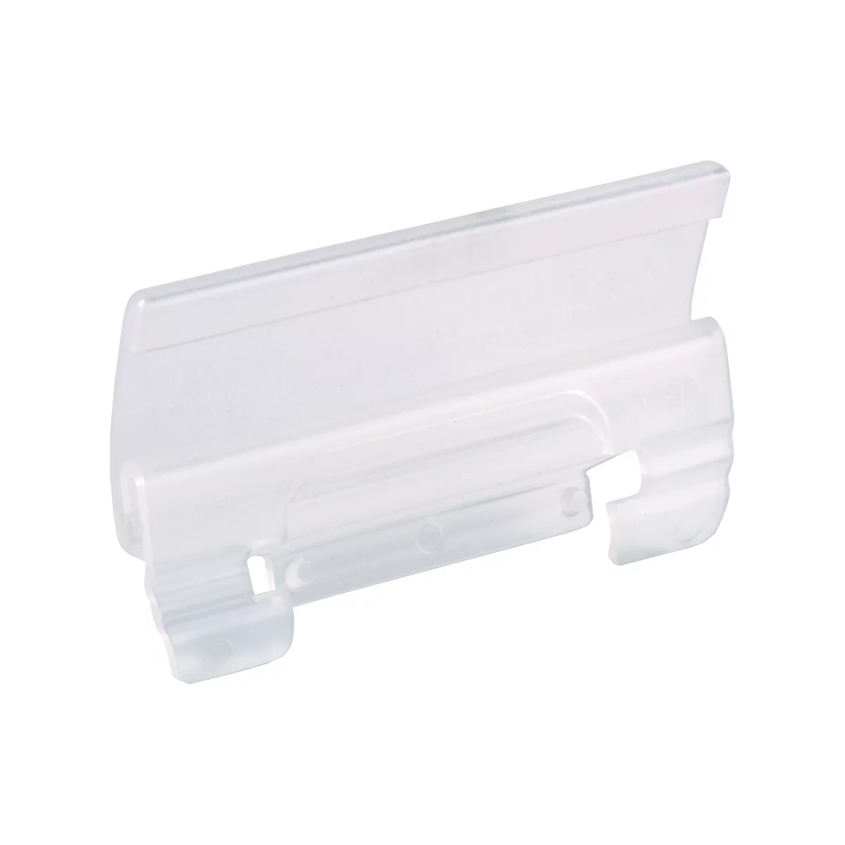 Transparent plastic clip shown at a slight angle. It has an elongated body with several cutouts.