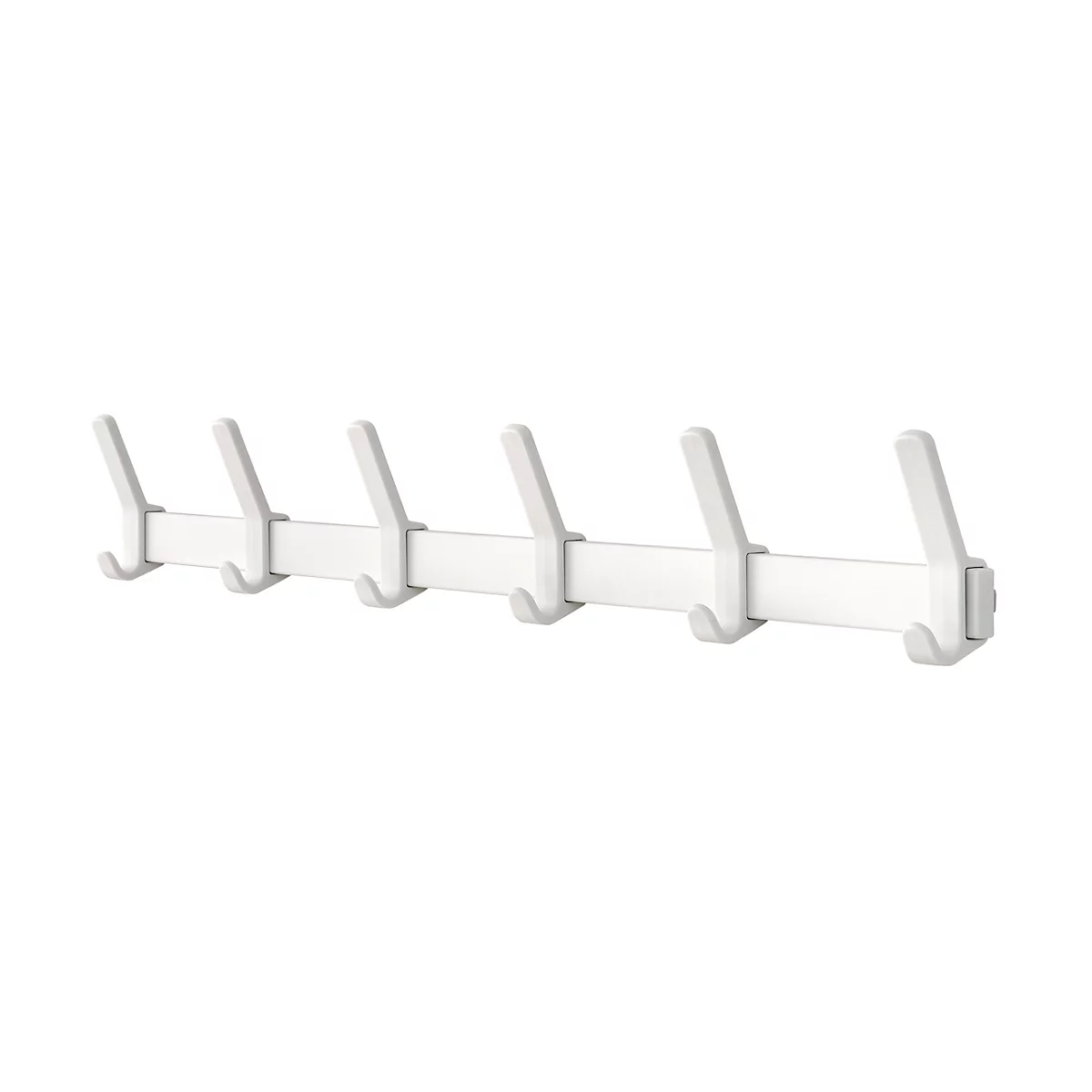 Witte wandhaak met zes haken op een witte achtergrond.