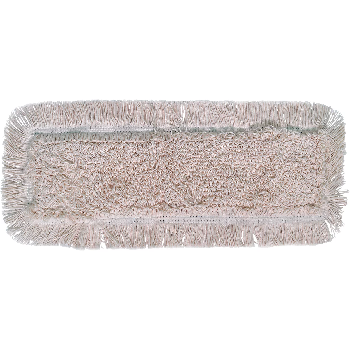 Cabezal de fregona rectangular de algodón beige con bordes con flecos sobre fondo blanco.