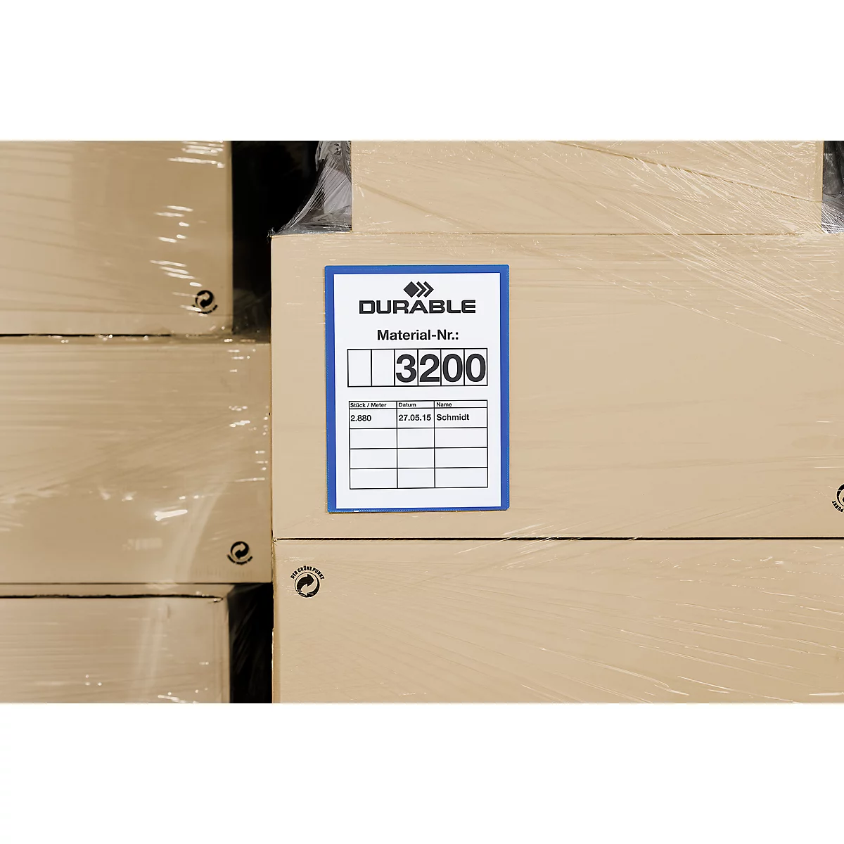 Una caja de cartón con una etiqueta azul que dice DURABLE y N.º de material 3200.