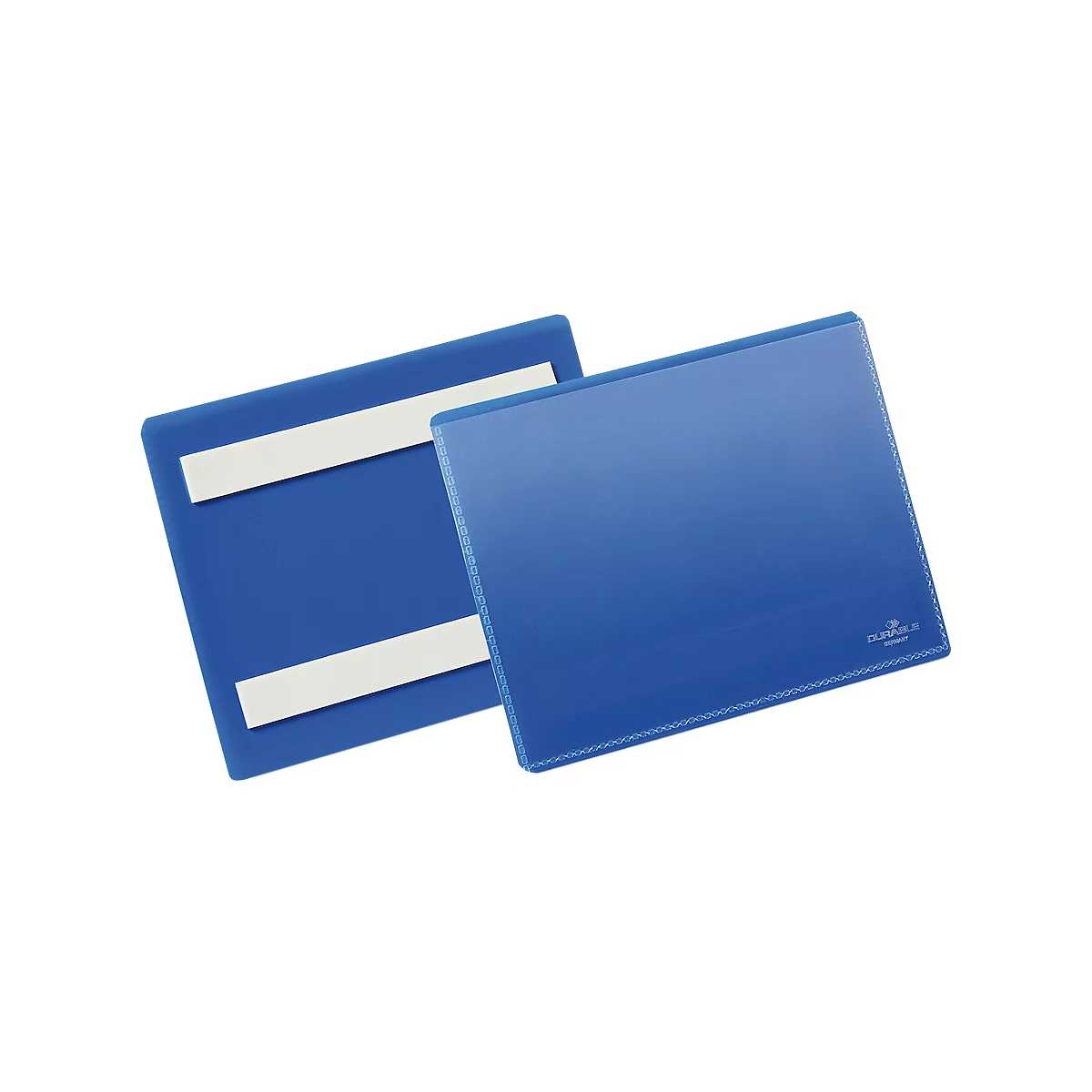 Dos carpetas azules, una con tiras magnéticas blancas. Un logotipo de la empresa es visible en la parte inferior derecha.