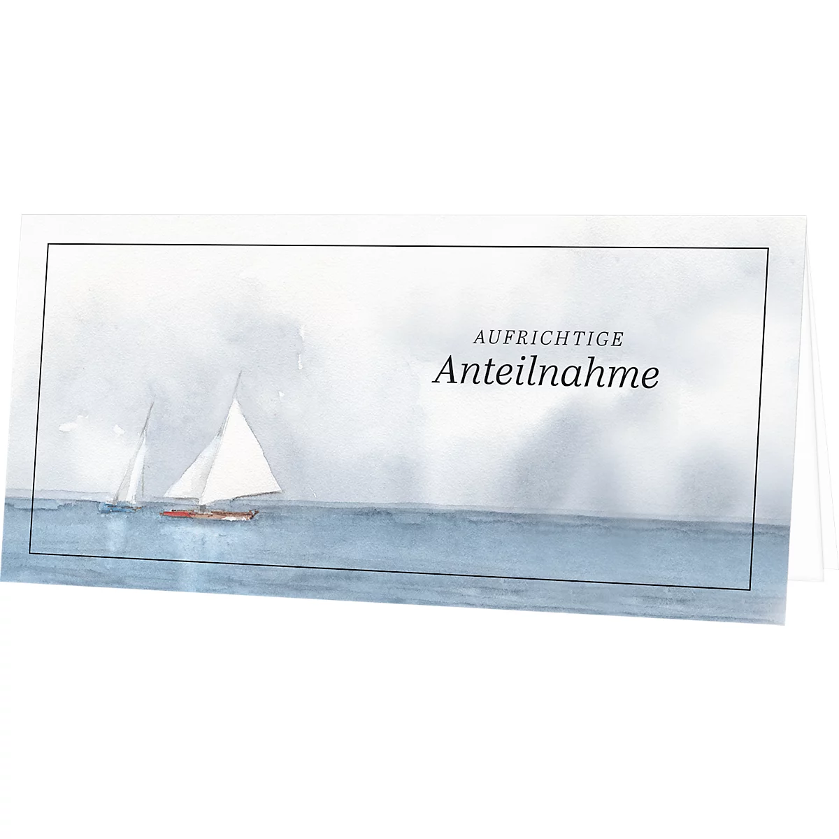 Watercolor card with sailboat on the sea and the words 'Aufrichtige Anteilnahme'.