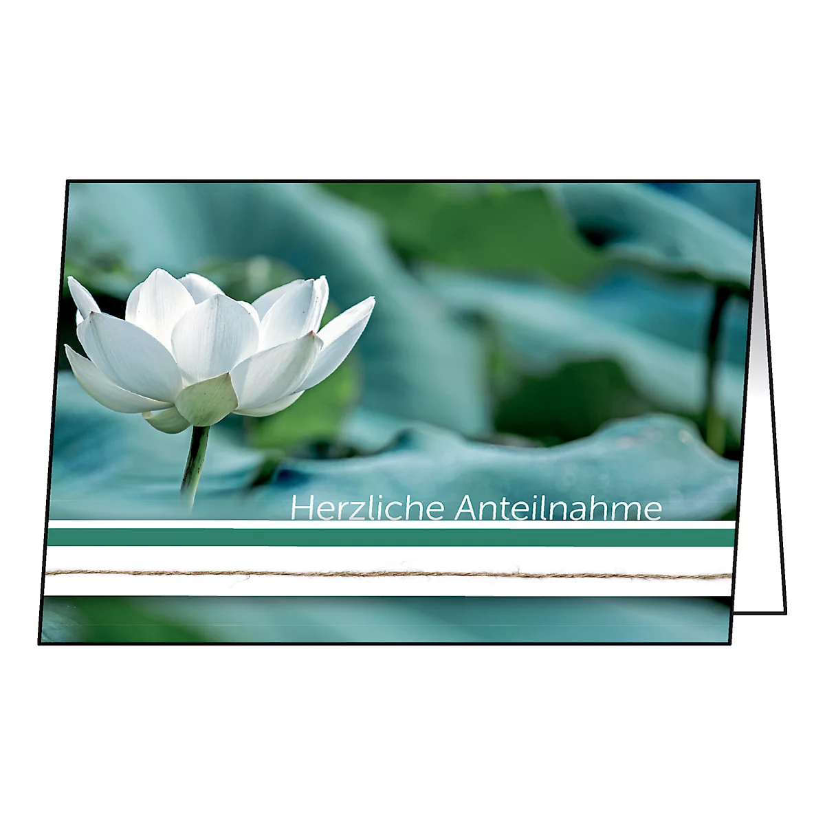 Condolence card with a white lotus flower against a green background. The card reads "Herzliche Anteilnahme".