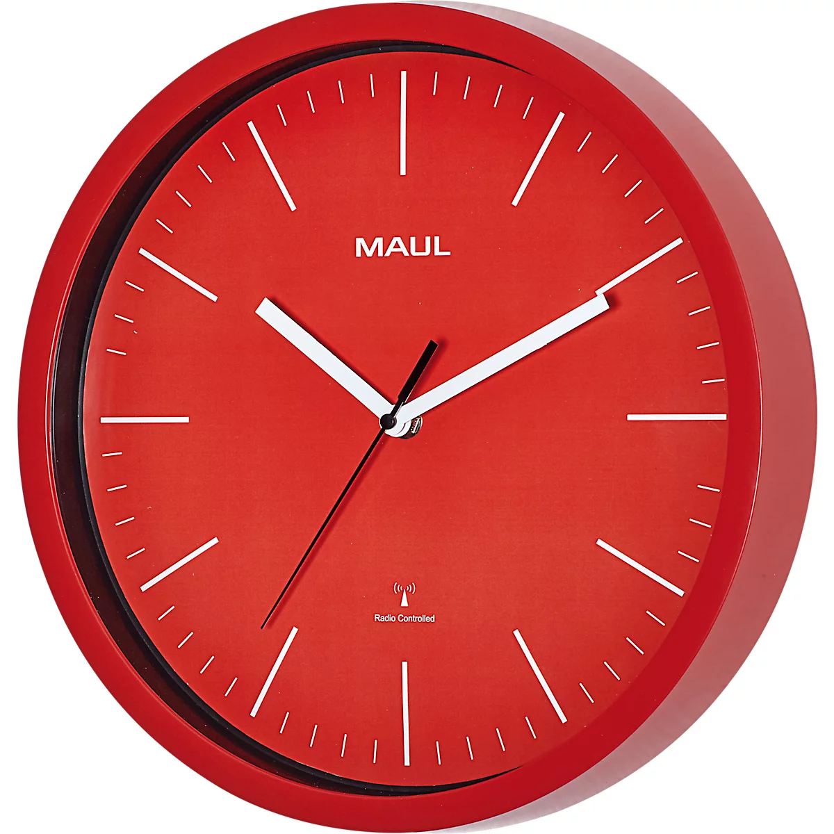 Funk Wanduhr Maul MAULjump, rund, für Innenräume, Minuten & Stundeneinheiten, ∅ 305 mm, Kunststoff & Mineralglas, rot-weiß, inkl. Batterie