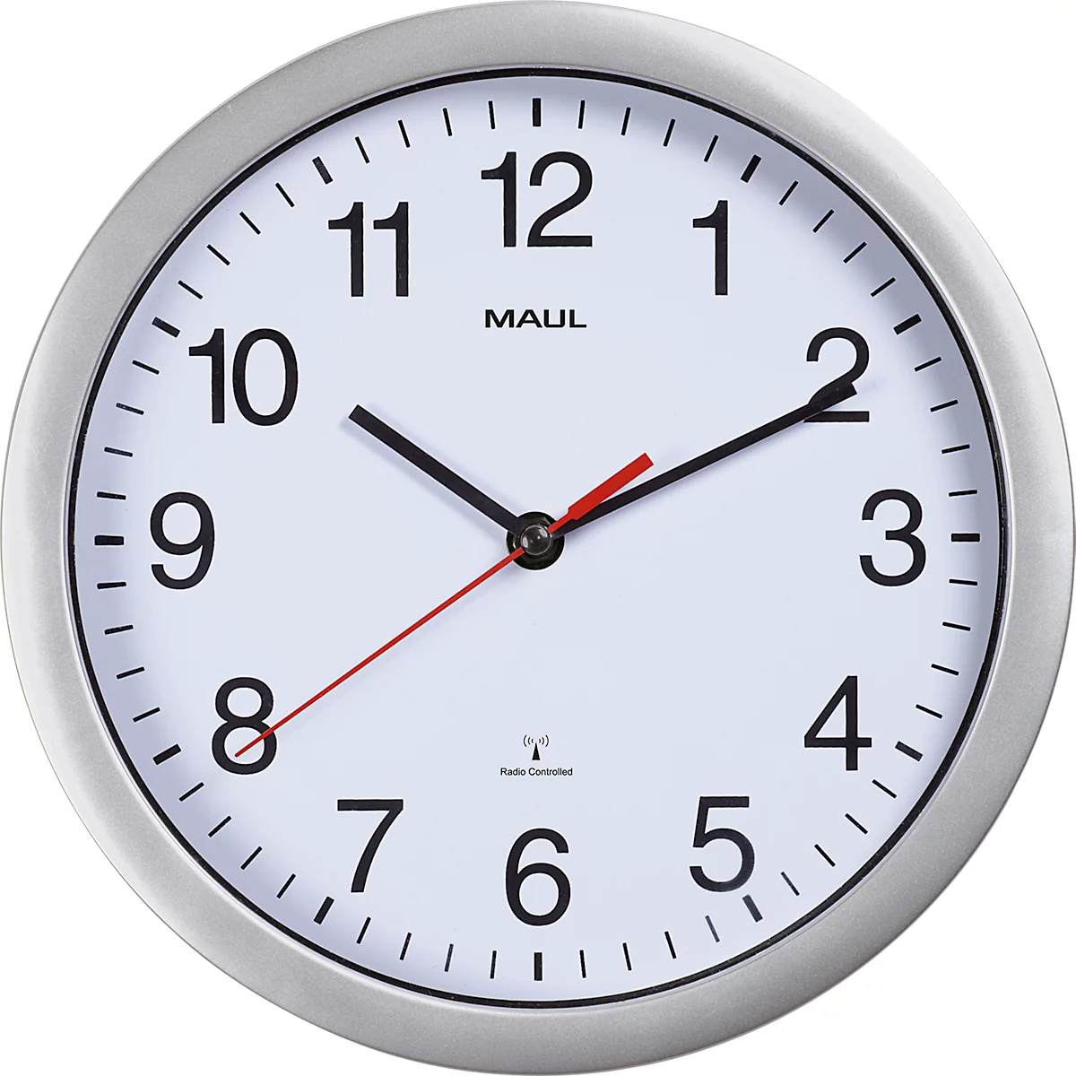 Eine runde silberne Wanduhr mit schwarzem Ziffernblatt, schwarzen Zahlen und schwarzen Zeigern. Der Sekundenzeiger ist rot.