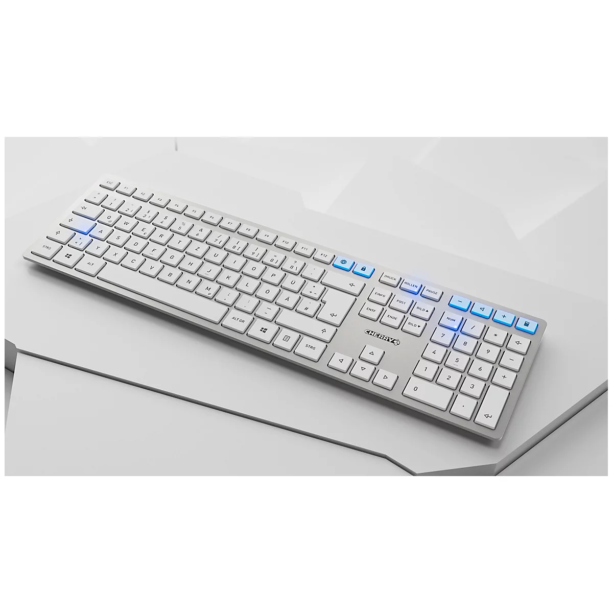 Funktastatur mit Maus Cherry DW 9100 SLIM, QWERTZ, USB/Bluetooth, wiederaufladbar, Maus mit 6 Tasten, bis 2400 dpi, bis 10 m, silber-weiß