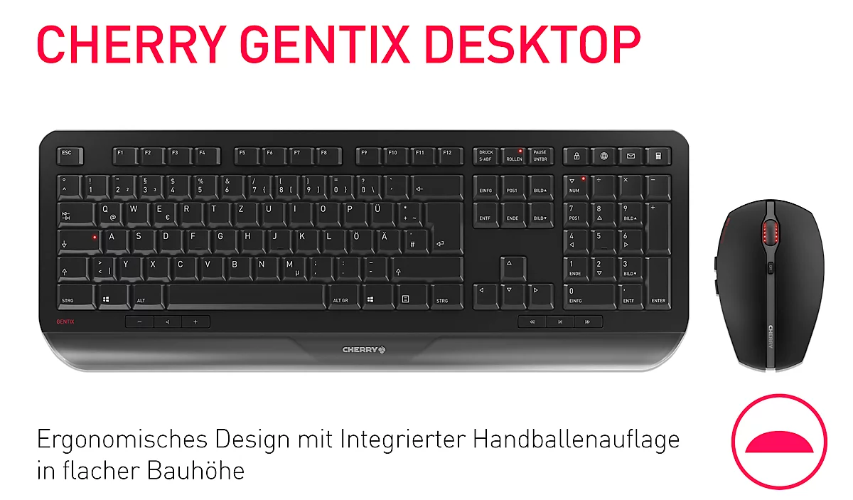 Funktastatur mit Maus CHERRY GENTIX DESKTOP, ergonomisch, QWERTZ-Tastatur, Maus mit 6 Tasten & Scrollrad, 1000/2000 dpi, bis 10 m, USB-Empfänger