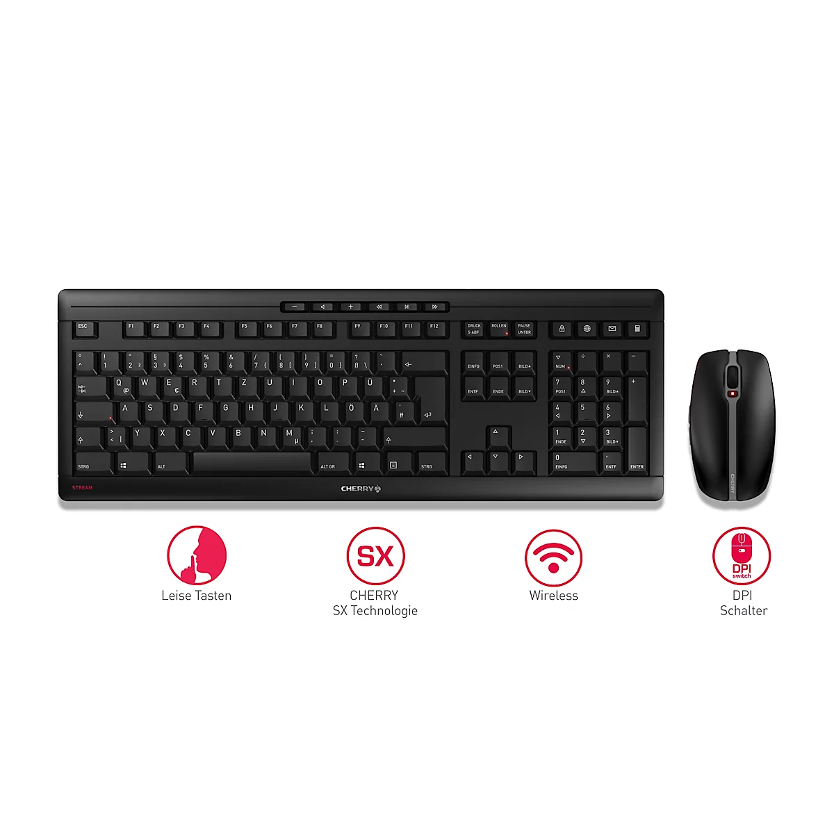 Funktastatur mit Maus CHERRY STREAM DESKTOP, extraleise QWERTZ-Tastatur, Maus mit 6 Tasten & Scrollrad, 1000-2400 dpi, bis 10 m, USB-Empfänger, schwarz