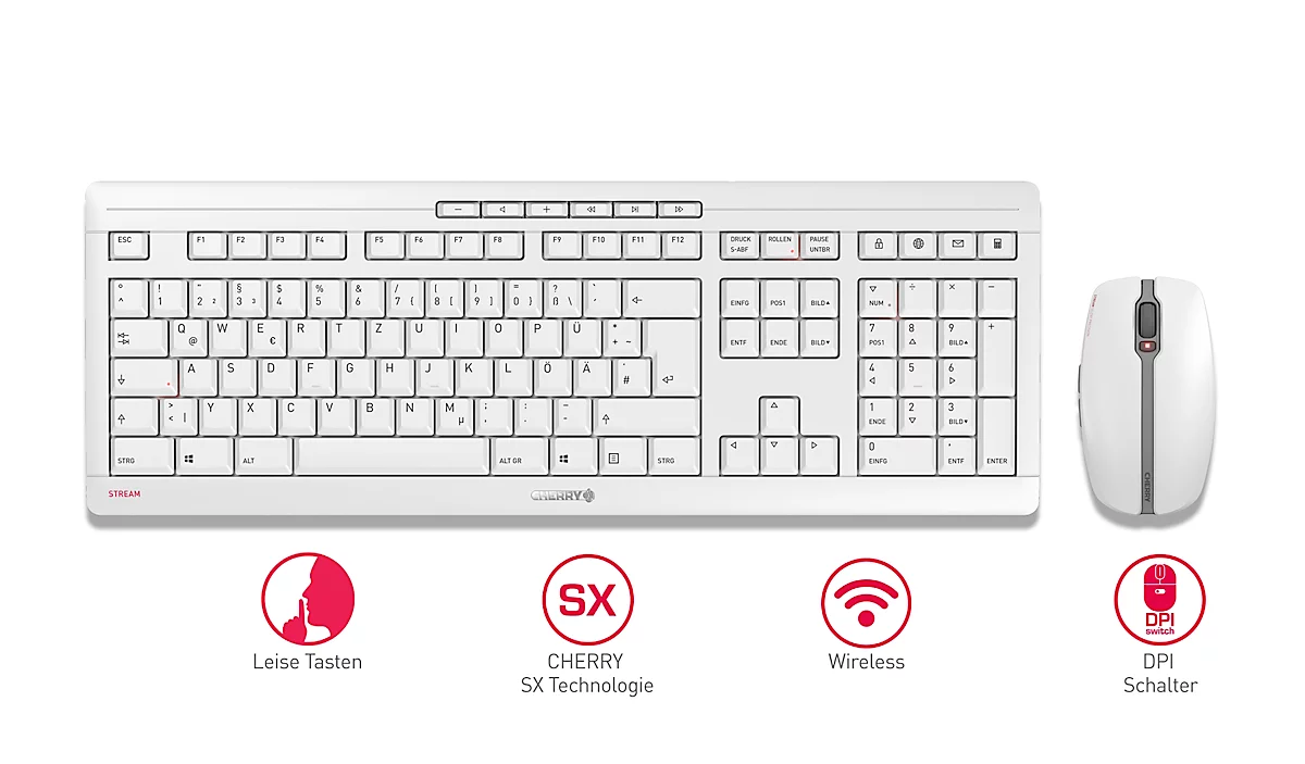 Funktastatur mit Maus CHERRY 6 USB-Empfänger, Shop extraleise kaufen bis STREAM 10 m, weiß dpi, Schäfer QWERTZ-Tastatur, DESKTOP, & mit | Maus günstig 1000-2400 Tasten Scrollrad
