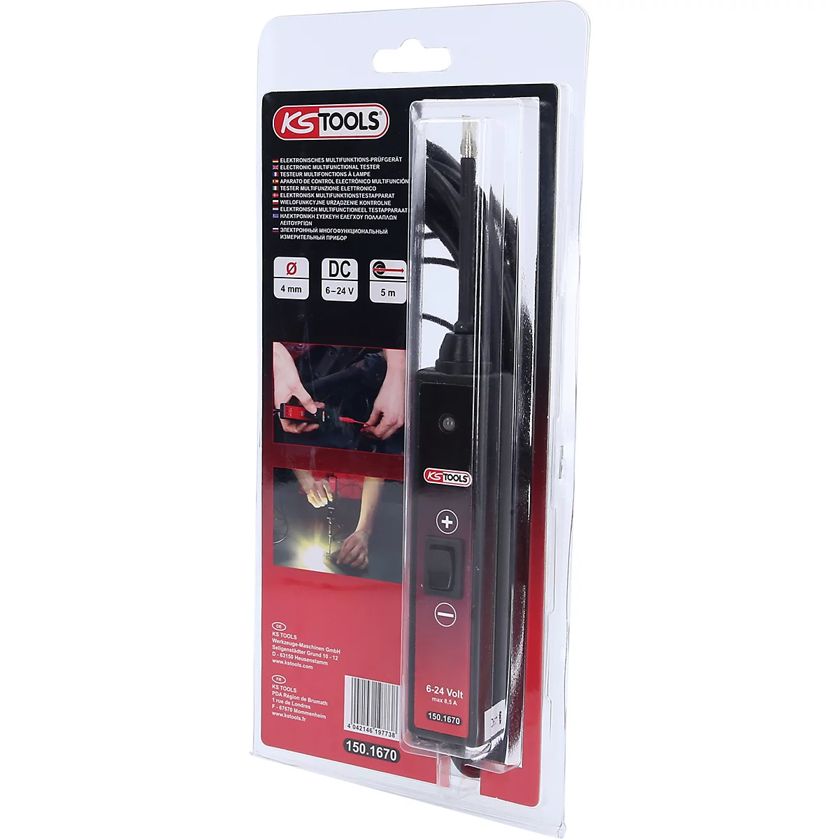 Multifunktionstester von KS Tools in Blisterverpackung, Produktabbildung. Auf der Verpackung steht die Produktbezeichnung und technische Details.