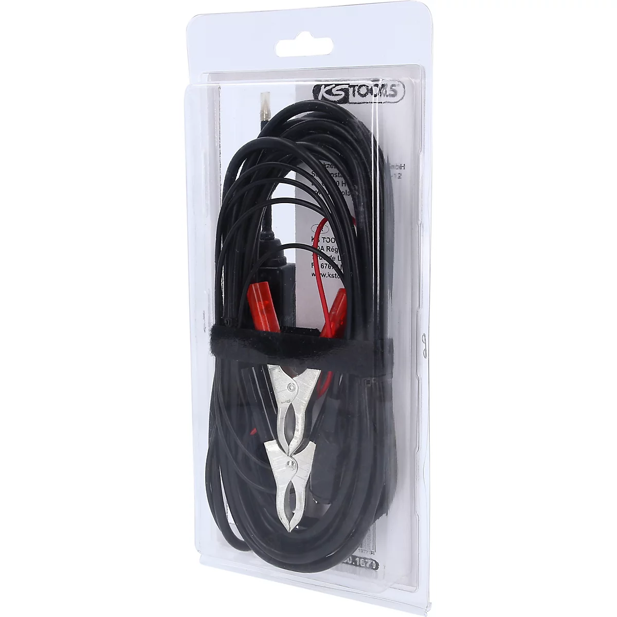 Ein schwarzes Starthilfekabel-Set in einer transparenten Plastikverpackung. Die Kabel sind aufgerollt und mit roten und silbernen Klemmen versehen.