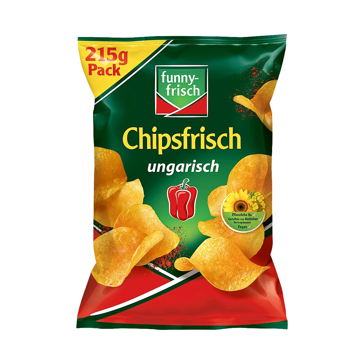 Tüte Chipsfrisch ungarisch von Funny Frisch. Aufdruck "215g Pack". Rote Paprika-Abbildung und gelbe Sonnenblume.