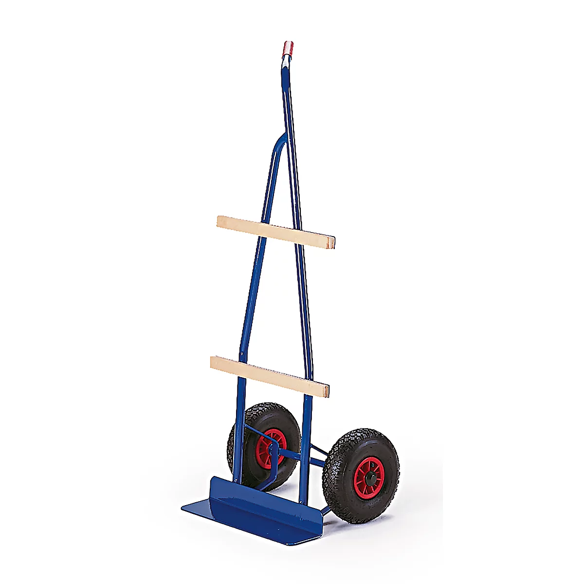Blue transport trolley with two wheels, red rim, and wooden holders.