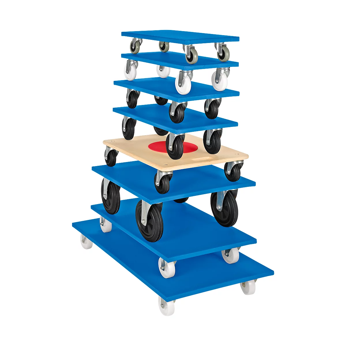 Stacked blue rolling boards with wheels in various colors. The middle board is light and has a red circle.