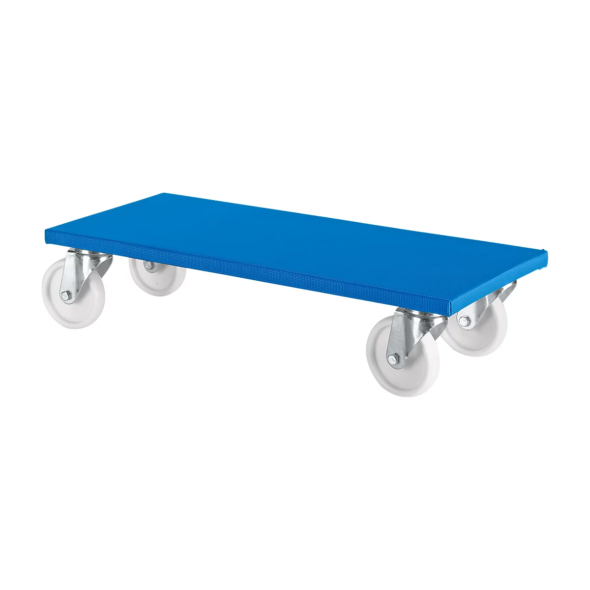 Blue trolley with four white wheels. On a white background.