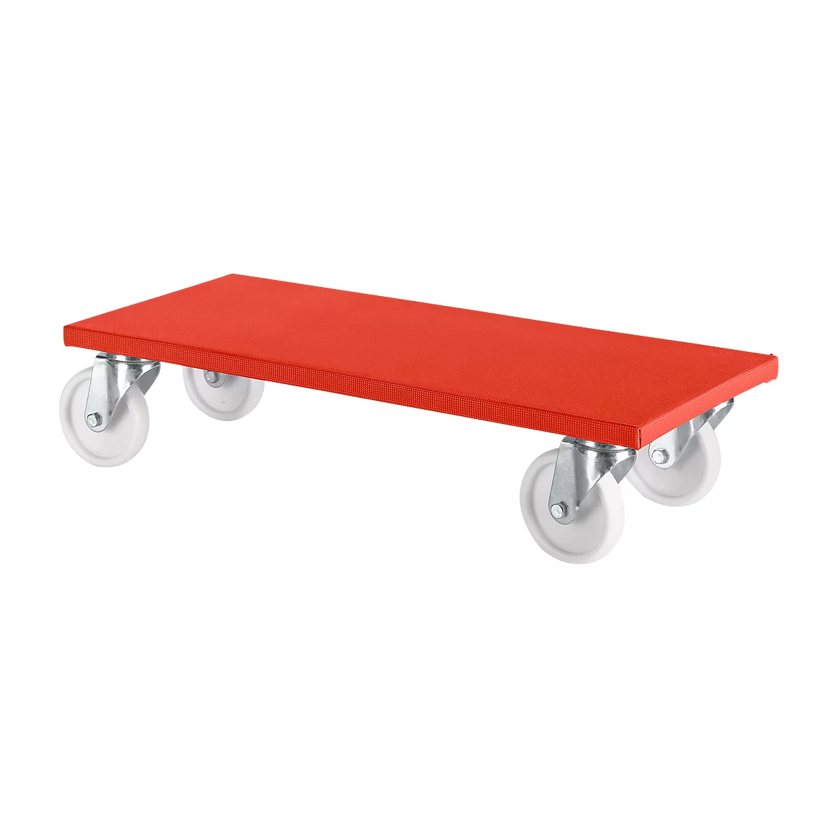 Red transport plate with four white wheels.